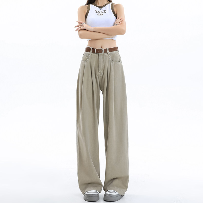 设计感褶皱阔腿牛仔裤女直筒宽松显瘦梨形身材拖地裤子2025爆款,淘宝优惠券,粉丝福利购,淘宝优惠卷