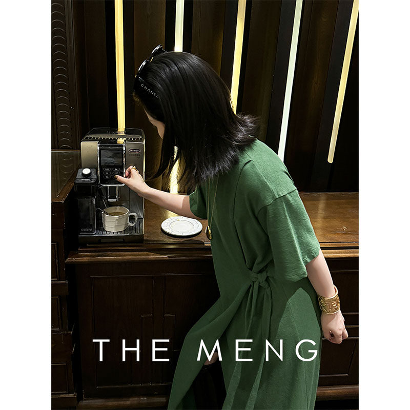 THEMENG 野趣 100棉短袖H直筒版型高腰显瘦圆领透气连衣裙女