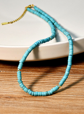 张艺兴同款蓝色天然绿松石串珠项链男欧美复古小众叠搭锁骨链情侣
