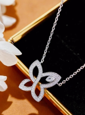 纯银镀白金女项链耳钉镂空蝴蝶