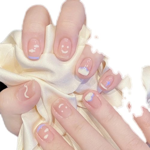 彩绘线条涂鸦云朵夏日清新纯手工光疗穿戴甲日常显白气质美甲片 - 图2