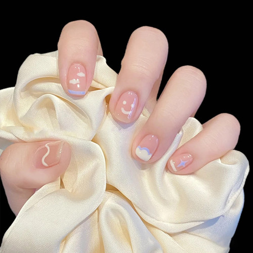 彩绘线条涂鸦云朵夏日清新纯手工光疗穿戴甲日常显白气质美甲片 - 图1