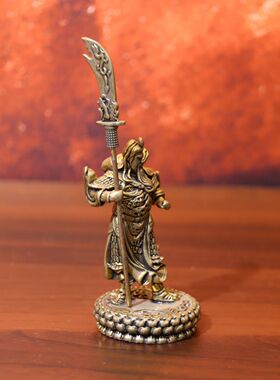 黄铜立体关公莲花底摆件关公神像小铜件关公摆件 车载前台工艺品