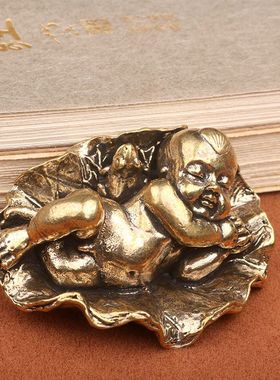 复古实心纯黄铜办公桌面车载手把玩件仿古荷叶小孩茶宠工艺品摆件