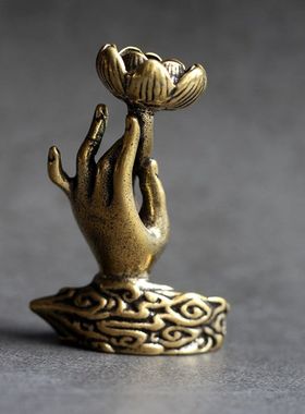 纯黄铜实心倒流香香薰小摆件祥云莲花佛手仿古古玩小铜器香架香托