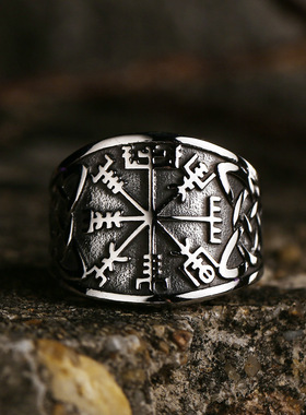 狂饰风男钛钢朋克维京符文戒指