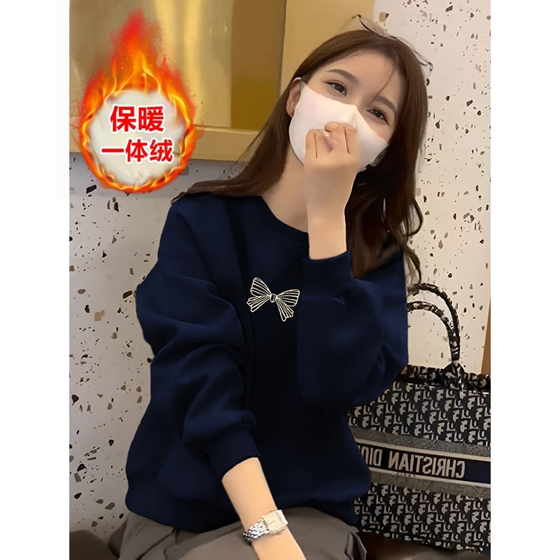 即墨酒红色纯棉卫衣女秋冬新款爆款韩系百搭圆领加绒加厚上衣外套 - 图1