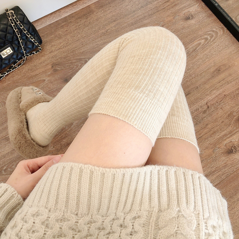 秋冬加绒米白色过膝袜女加厚保暖燕麦色羊毛大腿袜子咖色长筒靴袜 - 图2