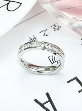 玫瑰金镶钻超闪大气钛钢戒指