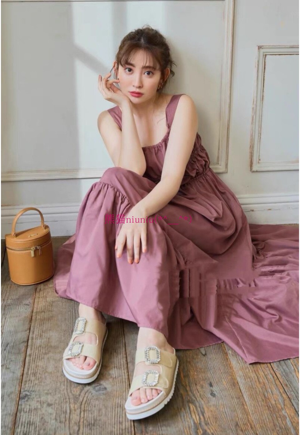 原厂追加!优雅贵牌~小嶋阳菜 H家 日系褶皱蝴蝶结吊带气质连衣裙