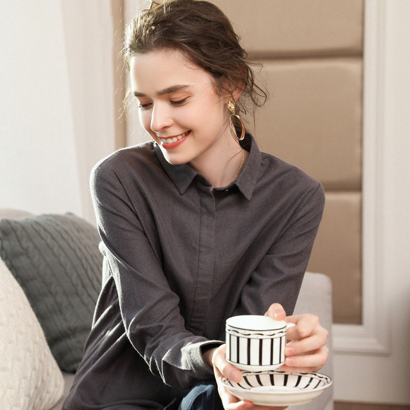 磨毛长袖纯色宽松洋气秋冬款灰衬衫 crrodo衬衫