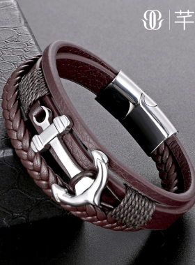 欧美船锚不锈钢手工编织皮手带男