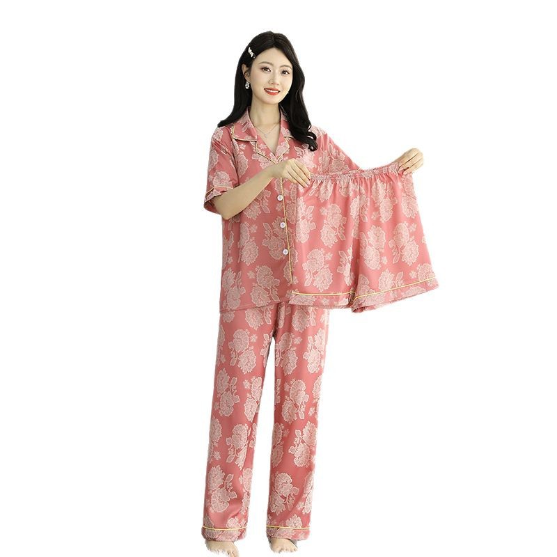 薄款高端冰丝睡衣女夏季高级感妈妈可外穿家居服短袖长裤三件套装 - 图3