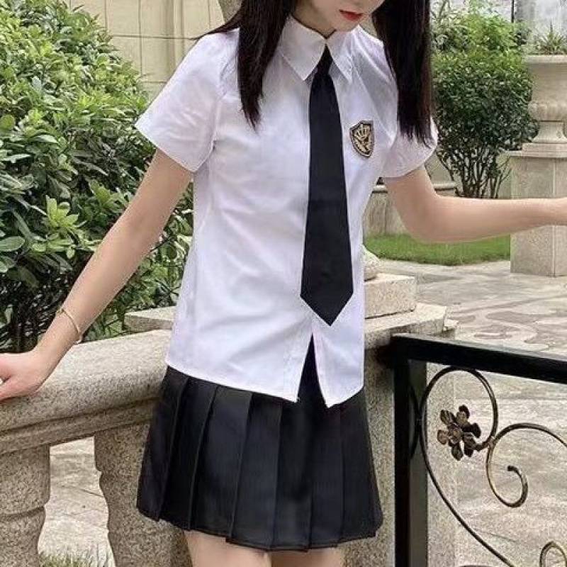 [三件套装}学院风系领带衬衫女两件套百褶裙女JK学生制服班服 - 图0