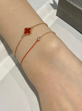 法国小红绳手链女单钻镶钻本命年18k玫瑰金轻奢手绳钛钢不掉色