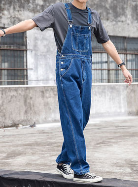 Retro denim overalls men's loose overalls牛仔背带裤男吊带裤