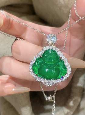 s925纯银天然翡翠佛公吊坠项链高冰玛瑙玉髓阳绿弥勒玉佛锁骨链