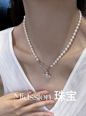 天然淡水珍珠项链女款s925纯银土星别针锁骨链秋冬高级新品颈链