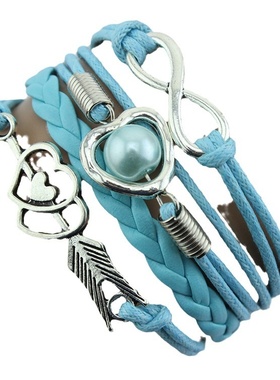 新品上市 欧美时尚复古丘比特之箭爱心珍珠多色皮绳多层手链