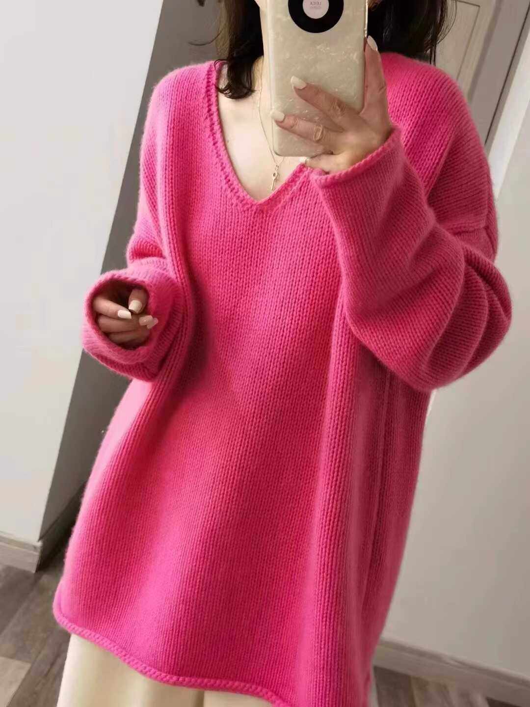 2025秋冬新款100%纯山羊绒毛衣女V领中长款加厚慵懒风针织打底衫,淘宝优惠券,粉丝福利购,淘宝优惠卷