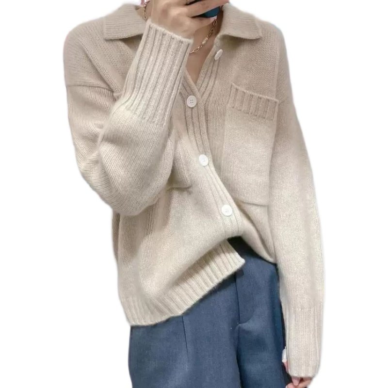 100%山羊绒针织开衫女小香风2025秋冬新款翻领口袋宽松毛衣外套厚,淘宝优惠券,粉丝福利购,淘宝优惠卷