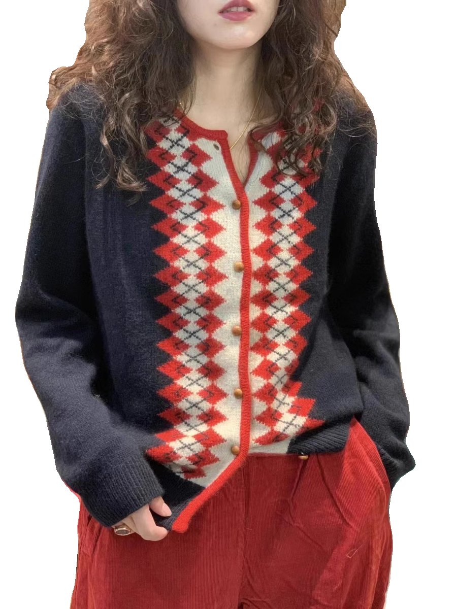 秋冬新款气质菱形格纹100%纯山羊绒开衫女英伦风简约针织毛衣外套,淘宝优惠券,粉丝福利购,淘宝优惠卷