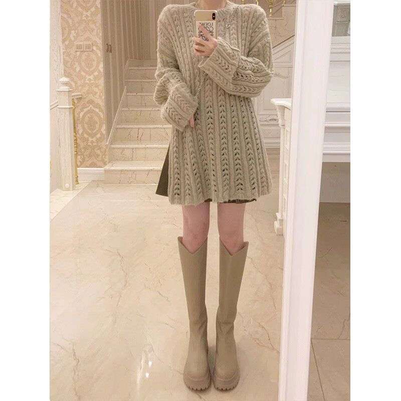 100%山羊绒毛衣女镂空中长款长袖针织宽松显瘦时尚慵懒开叉打底衫,淘宝优惠券,粉丝福利购,淘宝优惠卷