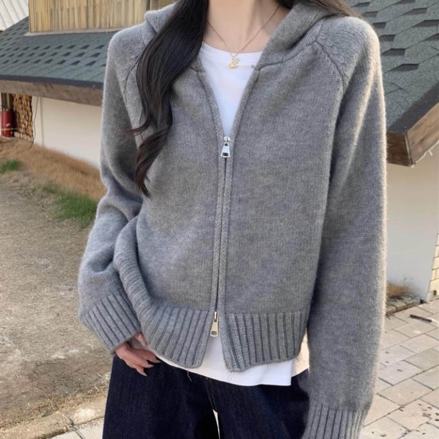 2025秋冬新款100%山羊绒连帽拉链开衫女短款宽松加厚针织毛衣外套,淘宝优惠券,粉丝福利购,淘宝优惠卷