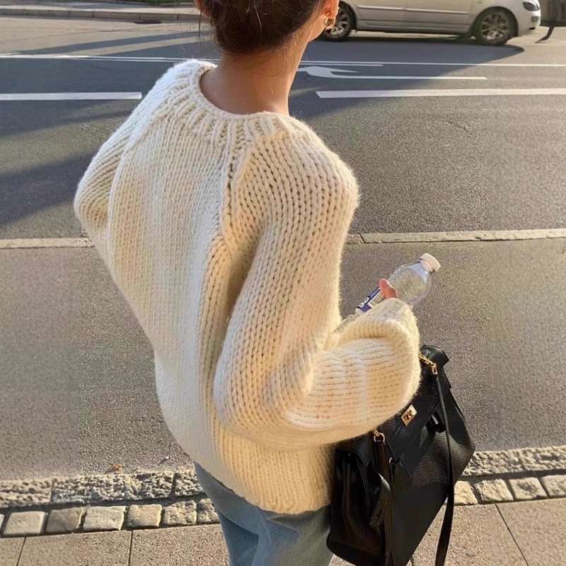 重工加厚100%纯山羊绒毛衣女圆领2025秋冬新款宽松大码针织打底衫 - 图0