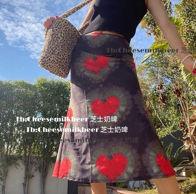 Sweet love print subculture tie-dye low-waist A-line half-length skirt for women vintage retro style exciting same style