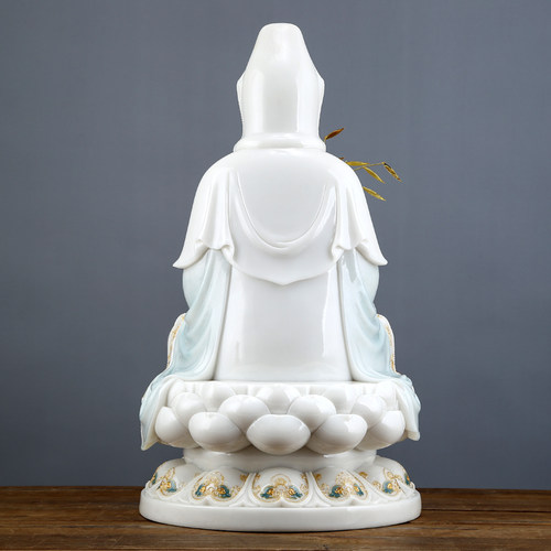 圆通佛具 彩釉镶金汉白玉观音佛像 供奉 家用观世音菩萨玉石摆件 - 图2