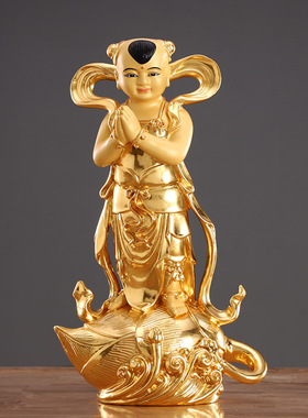 铜贴金金童玉女佛像一对家用