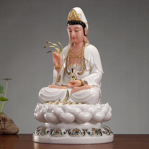 圆通佛具 汉白玉石粉观音佛像 供奉 家用珐琅彩南海观音菩萨摆件 - 图0