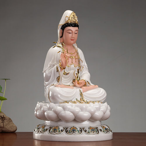圆通佛具 汉白玉石粉观音佛像 供奉 家用珐琅彩南海观音菩萨摆件 - 图1
