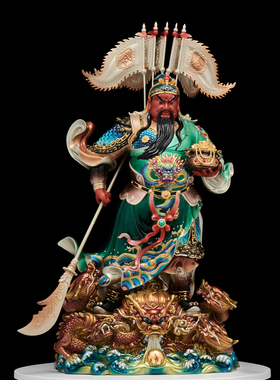 铜彩绿袍九龙提刀关公神像武财神