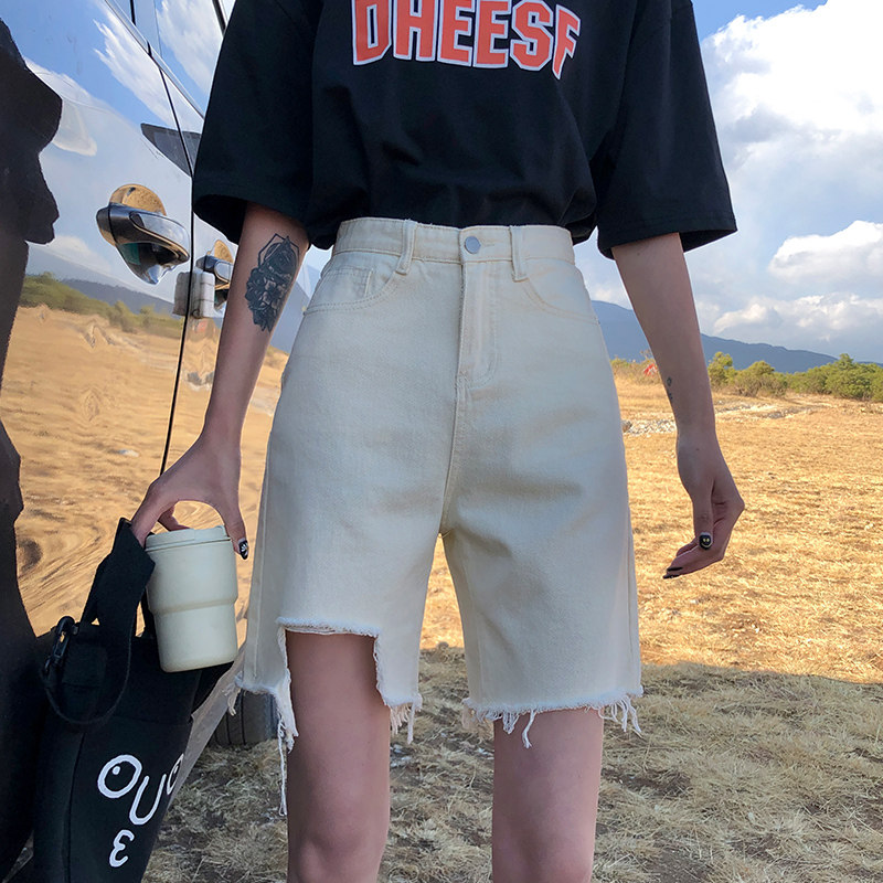 高腰破洞五分牛仔2020年夏季短裤 记忆花园牛仔裤