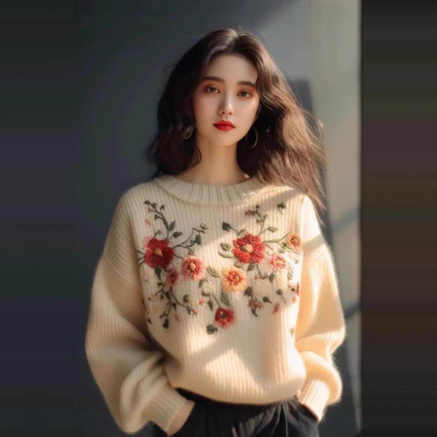 高端重工刺绣100%纯山羊绒毛衣女2025秋冬新款加厚宽松针织打底衫,淘宝优惠券,粉丝福利购,淘宝优惠卷