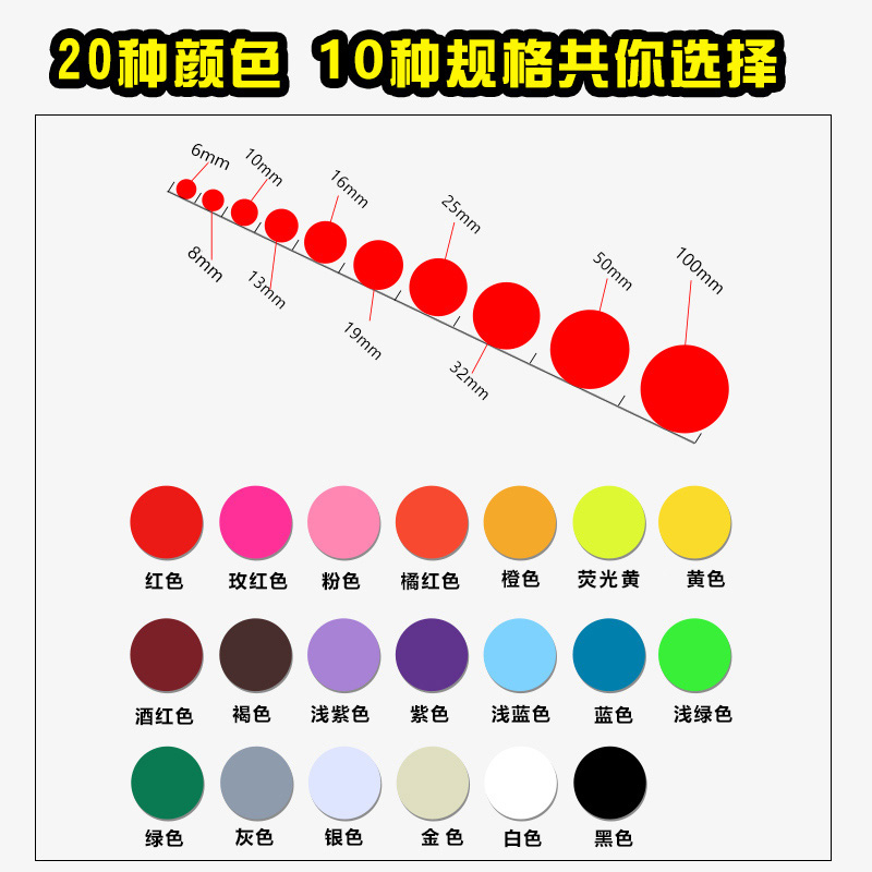 彩色圆点不干胶十种规格20种颜色可选贴纸圆形标签纸颜色标贴手写口取纸分类标记自粘贴 - 图1