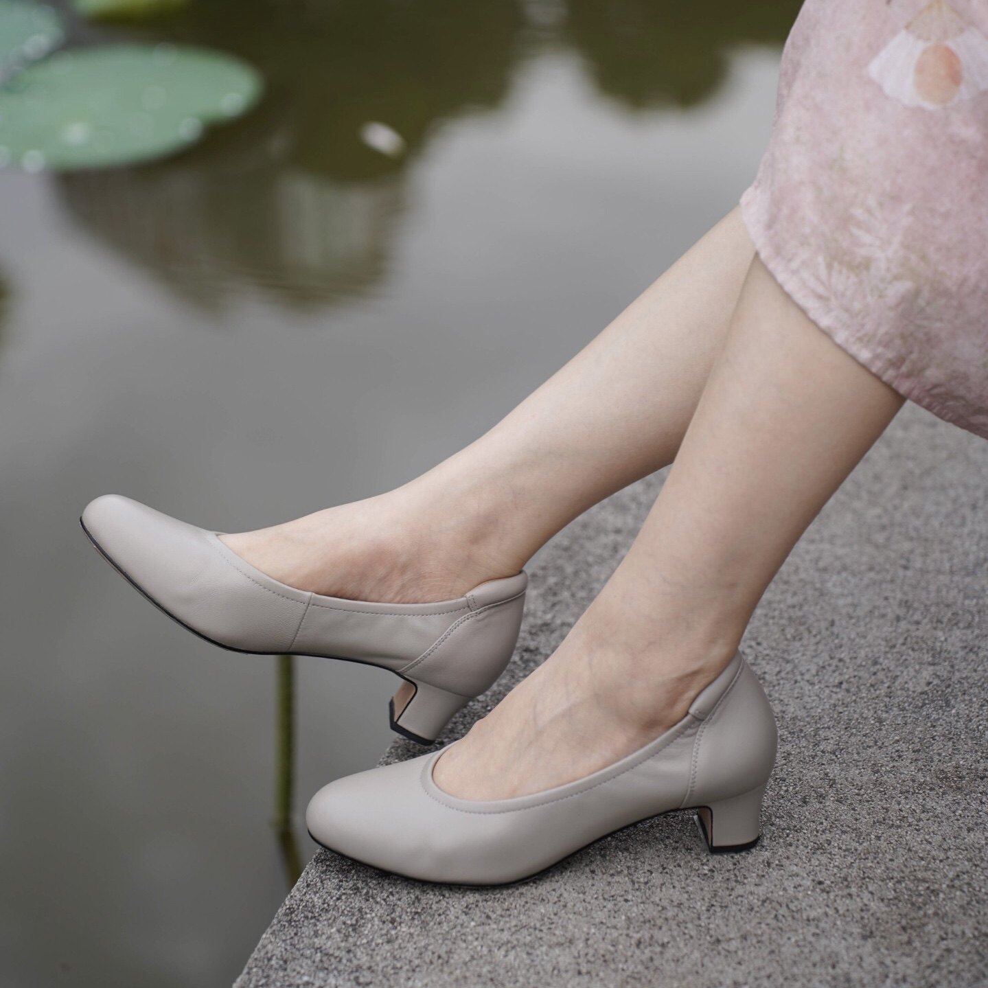 壹家shoes040003超软羊皮单鞋4公分真皮圆头高跟鞋防掉跟不累脚女