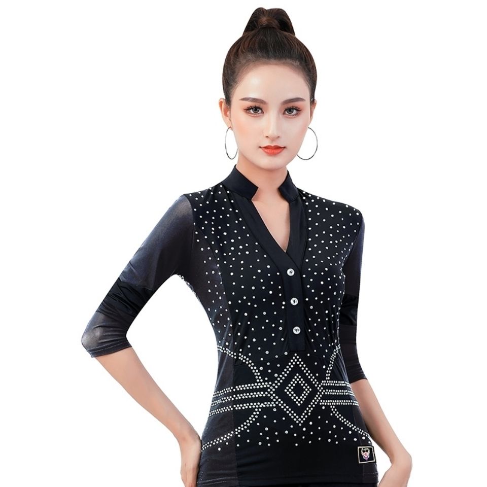 越野营拉丁舞练功服女镶钻V领服装果果不不新款上衣吉特巴舞蹈服 - 图3