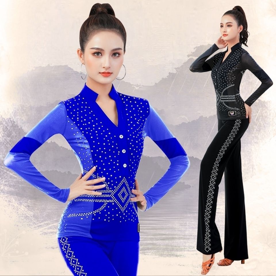 越野营拉丁舞练功服女镶钻V领服装果果不不新款上衣吉特巴舞蹈服 - 图0