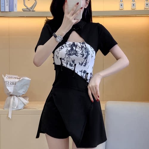 新中式旗袍采耳SPA足浴店女技师衣服短袖套装显瘦工作服旗袍+短裤 - 图2