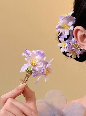 超仙粉色花朵发簪女海边度假发钗