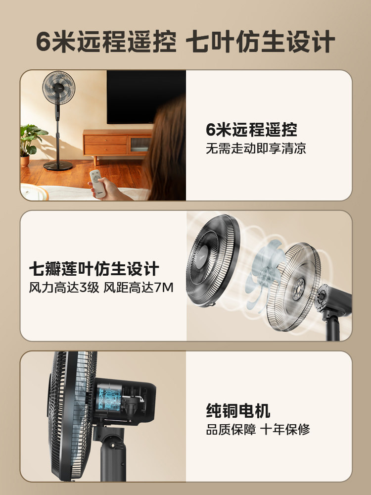 美的家用落地扇遥控定时智能摇头扇 美的生活电器电风扇