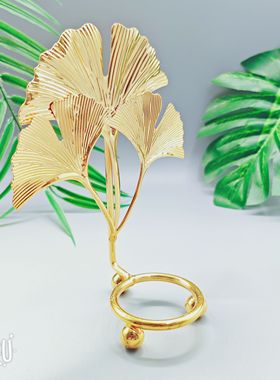 北欧轻奢金色金属铁艺叶子水晶球底座摆件银杏叶叶子摆件装饰