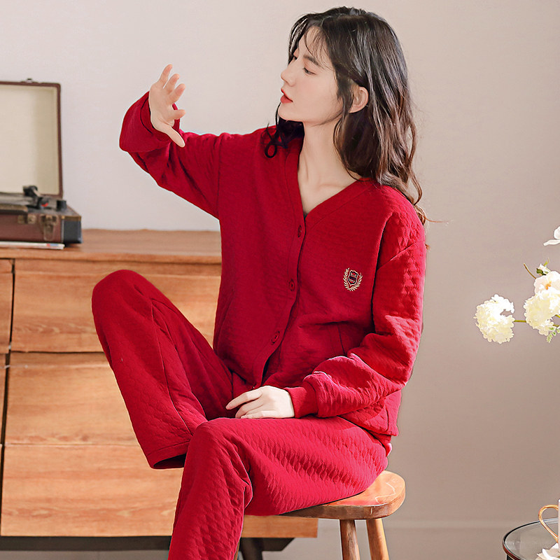 睡衣女春秋款加厚纯棉长袖冬季薄款夹棉红色新婚本命年秋冬家居服,淘宝优惠券,粉丝福利购,淘宝优惠卷
