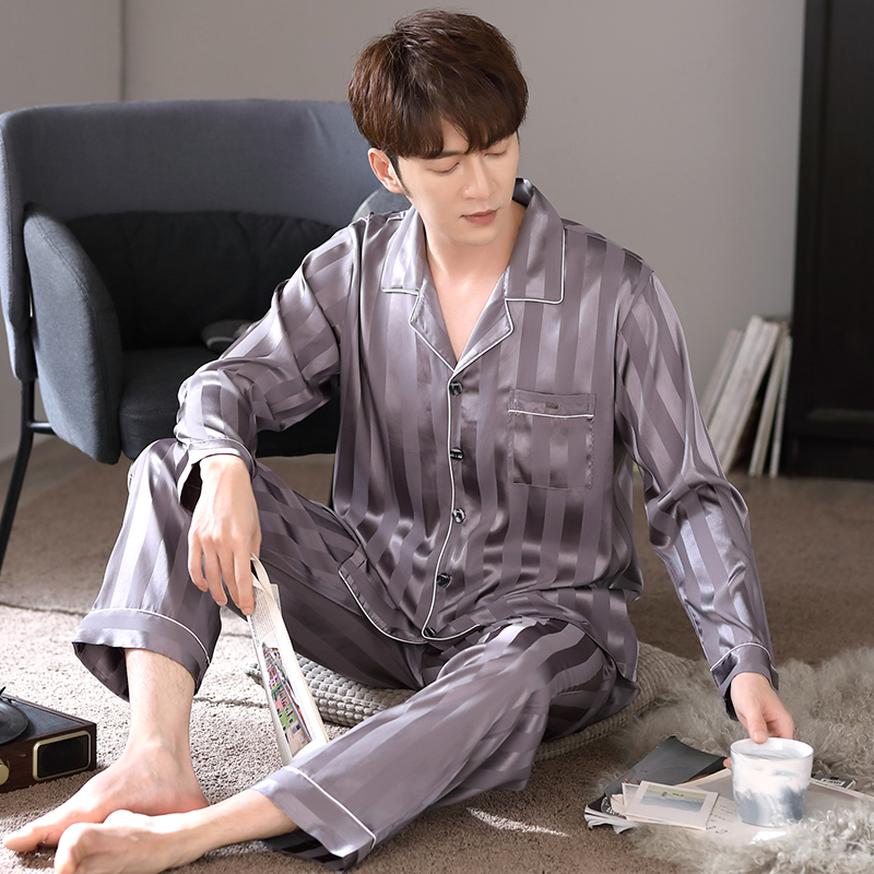 男士春秋冰丝长袖仿真丝绸睡衣 邦朵睡衣/家居服套装