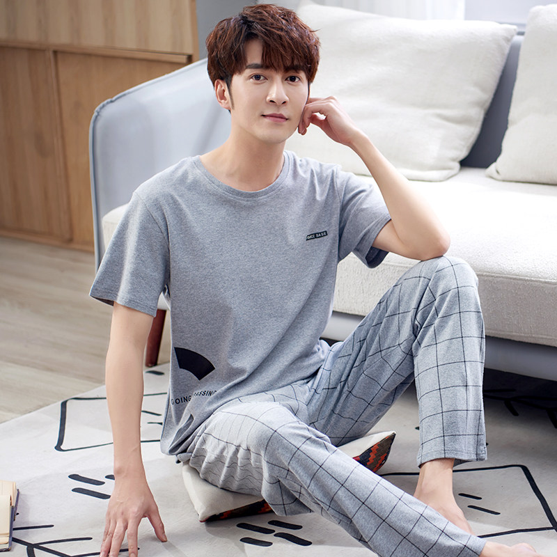 男士夏季纯棉短袖长裤男款宽松睡衣 邦朵睡衣/家居服套装