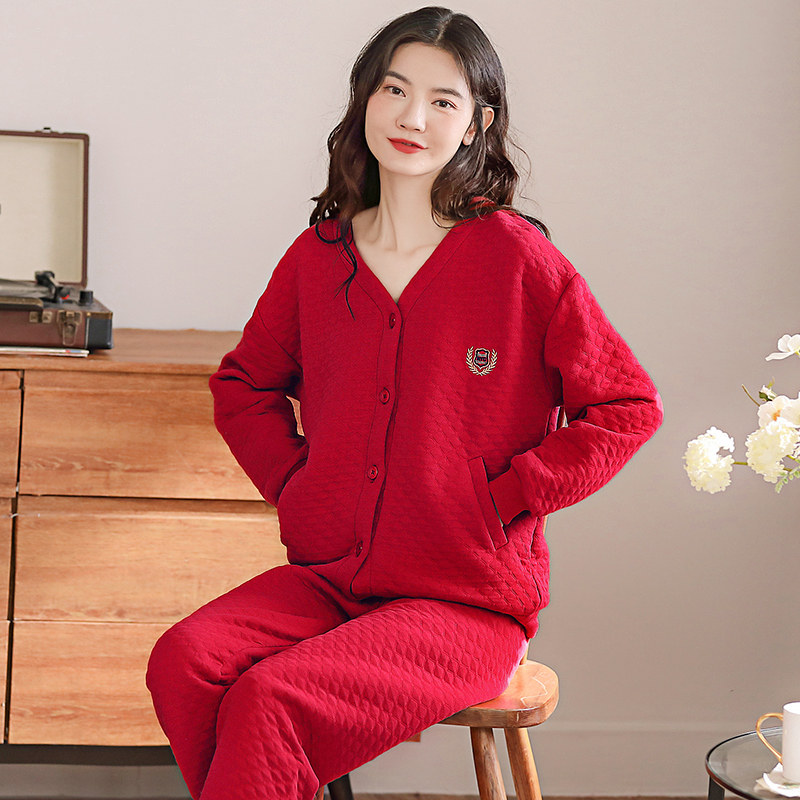 睡衣女春秋款加厚纯棉长袖冬季薄款夹棉红色新婚本命年秋冬家居服,淘宝优惠券,粉丝福利购,淘宝优惠卷