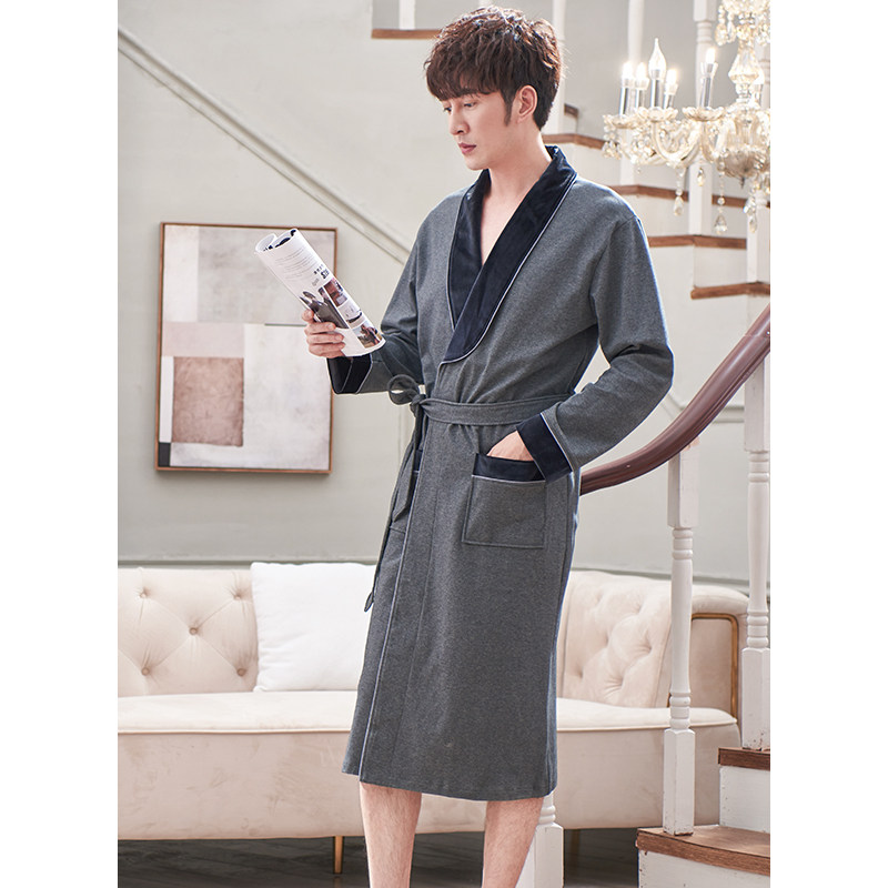 男士睡袍春秋款长袖纯棉加长款晨袍 邦朵睡袍/浴袍